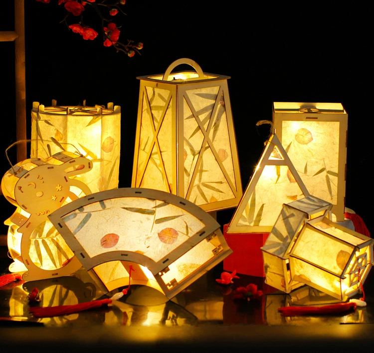 assortment of lit chinese wooden lanterns